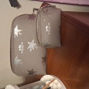 Coach Metallic Gray Starry Night Makeup Bag Set NWOT